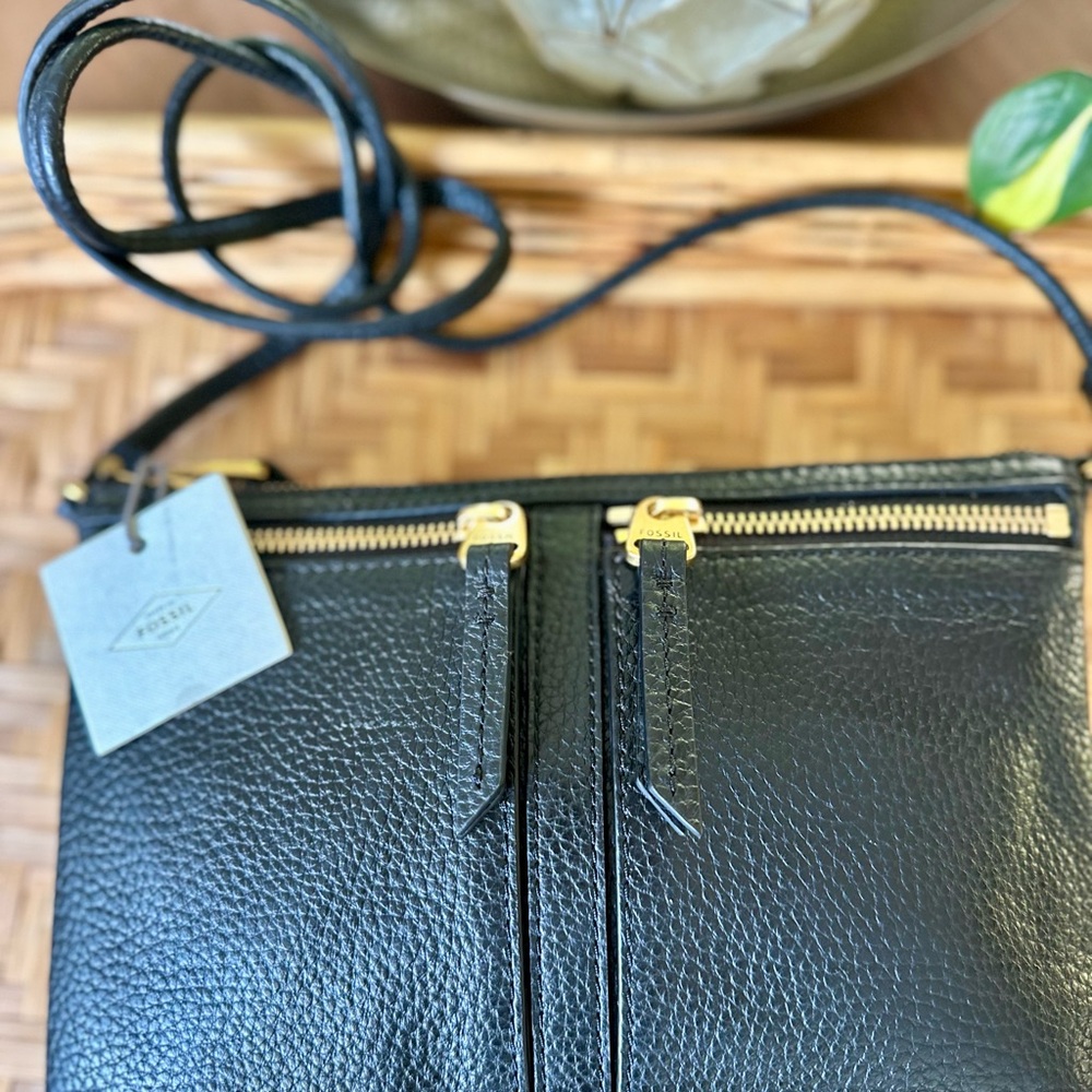 Fossil Black Pebbled Leather Crossbody Bag Double Zip Purse Adjustable Strap - Picture 10 of 10